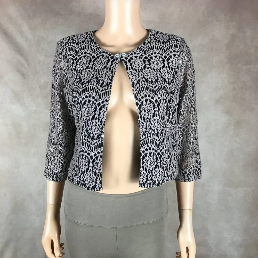 JESSICA HOWARD Tan/Black Lace Shrug Cardigan, 12P
